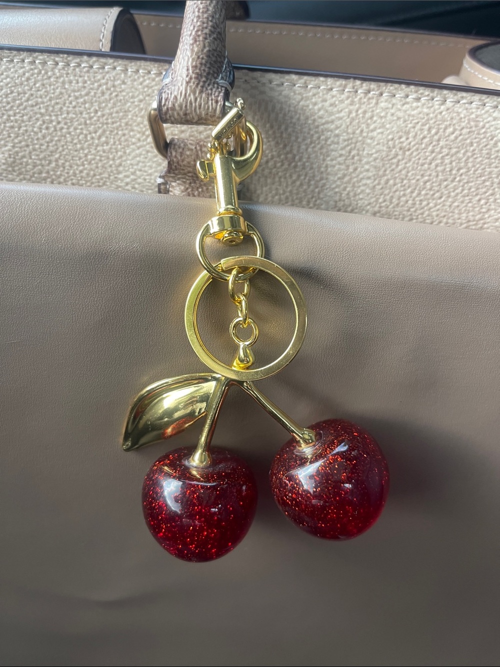 Gold Cherry Bag Charm Keychain - Red Glitter